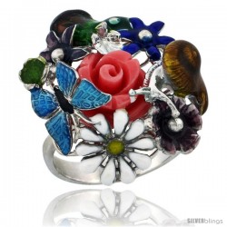 Sterling Silver Multi Color Enamel Butterfly & Flowers Ring, 15/16 in. (24 mm) wide