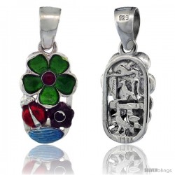 Sterling Silver Multi Color Enamel Lady Bug & Flowers Pendant, 13/16 in. (21 mm) tall