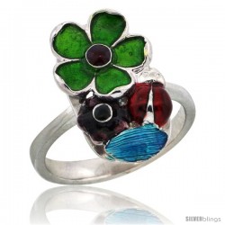 Sterling Silver Multi Color Enamel Lady Bug & Flowers Ring, 3/4 in. (18 mm) wide