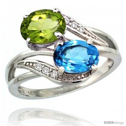 14k White Gold ( 8x6 mm ) Double Stone Engagement Swiss Blue Topaz & Peridot Ring w/ 0.07 Carat Brilliant Cut Diamonds & 2.34