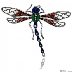 Sterling Silver Multi Color Enamel Dragonfly Brooch, 2 5/16 in. (59 mm) wide