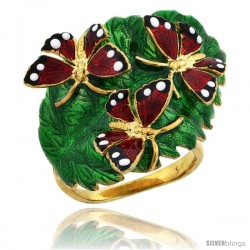 Sterling Silver Multi Color Enamel Triple Butterfly Ring, 7/8 in. (23 mm) wide