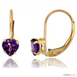 10k Yellow Gold Natural Amethyst Heart Leverback Earrings 5mm February Birthstone, 9/16 in tall