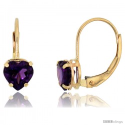 10k Yellow Gold Natural Amethyst Heart Leverback Earrings 6mm February Birthstone, 9/16 in tall