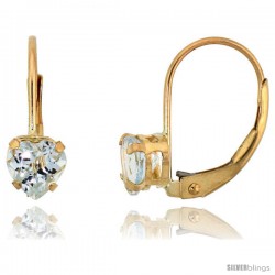 10k Yellow Gold Natural Aquamarine Leverback Heart Earrings 5mm March Birthstone, 9/16 in tall