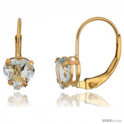 10k Yellow Gold Natural Aquamarine Leverback Heart Earrings 6mm March Birthstone, 9/16 in tall