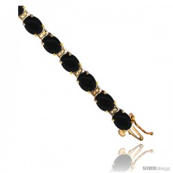 10K Yellow Gold Natural Black Onyx Oval Tennis Bracelet 5x7 mm stones, 7 inches