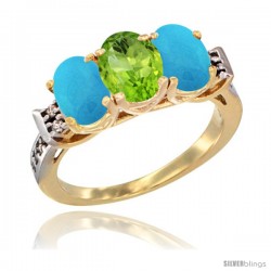 10K Yellow Gold Natural Peridot & Turquoise Sides Ring 3-Stone Oval 7x5 mm Diamond Accent