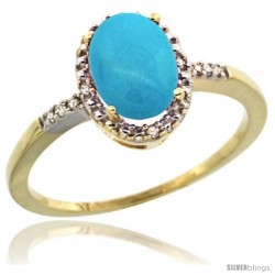 10k Yellow Gold Diamond Sleeping Beauty Turquoise Ring 1.17 ct Oval Stone 8x6 mm, 3/8 in wide