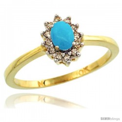 10k Yellow Gold Diamond Halo Turquoise Ring 0.25 ct Oval Stone 5x3 mm, 5/16 in wide