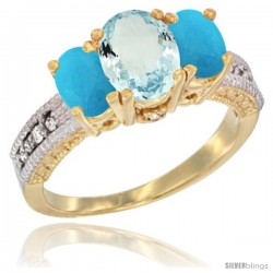 10K Yellow Gold Ladies Oval Natural Aquamarine 3-Stone Ring with Turquoise Sides Diamond Accent