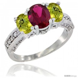 10K White Gold Ladies Oval Natural Ruby 3-Stone Ring with Lemon Quartz Sides Diamond Accent