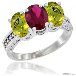 10K White Gold Natural Ruby & Lemon Quartz Sides Ring 3-Stone Oval 7x5 mm Diamond Accent