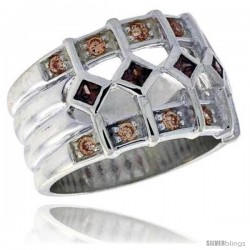 Highest Quality Sterling Silver 1/2 in (13 mm) wide Ladies' Right Hand Ring, Princess Cut Smoky Topaz-Colored & Brilliant Cut