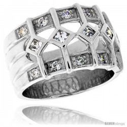 Highest Quality Sterling Silver 1/2 in (13 mm) wide Ladies' Right Hand Ring, Princess Cut & Brilliant Cut CZ Stones