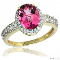 14k Yellow Gold Diamond Pink Topaz Ring Oval Stone 9x7 mm 1.76 ct 1/2 in wide