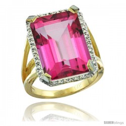 14k Yellow Gold Diamond Pink Topaz Ring 14.96 ct Emerald shape 18x13 Stone 13/16 in wide