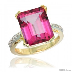 14k Yellow Gold Diamond Pink Topaz Ring 5.83 ct Emerald Shape 12x10 Stone 1/2 in wide