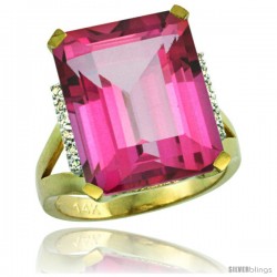 14k Yellow Gold Diamond Pink Topaz Ring 12 ct Emerald Cut 16x12 stone 3/4 in wide