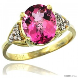 14k Yellow Gold Diamond Pink Topaz Ring 2.40 ct Oval 10x8 Stone 3/8 in wide