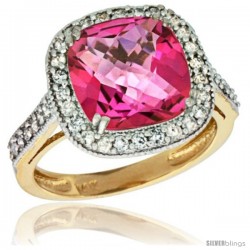 14k Yellow Gold Diamond Halo Pink Topaz Ring Checkerboard Cushion 9 mm 2.4 ct 1/2 in wide