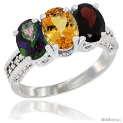 10K White Gold Natural Mystic Topaz, Citrine & Garnet Ring 3-Stone Oval 7x5 mm Diamond Accent