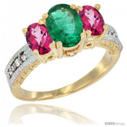 14k Yellow Gold Ladies Oval Natural Emerald 3-Stone Ring with Pink Topaz Sides Diamond Accent