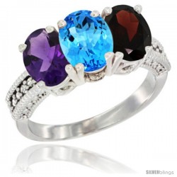 10K White Gold Natural Amethyst, Swiss Blue Topaz & Garnet Ring 3-Stone Oval 7x5 mm Diamond Accent