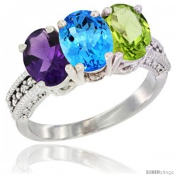 10K White Gold Natural Amethyst, Swiss Blue Topaz & Peridot Ring 3-Stone Oval 7x5 mm Diamond Accent