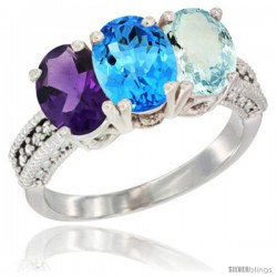 10K White Gold Natural Amethyst, Swiss Blue Topaz & Aquamarine Ring 3-Stone Oval 7x5 mm Diamond Accent