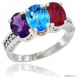 10K White Gold Natural Amethyst, Swiss Blue Topaz & Ruby Ring 3-Stone Oval 7x5 mm Diamond Accent