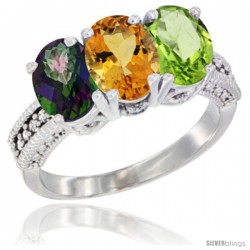 10K White Gold Natural Mystic Topaz, Citrine & Peridot Ring 3-Stone Oval 7x5 mm Diamond Accent