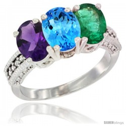 10K White Gold Natural Amethyst, Swiss Blue Topaz & Emerald Ring 3-Stone Oval 7x5 mm Diamond Accent