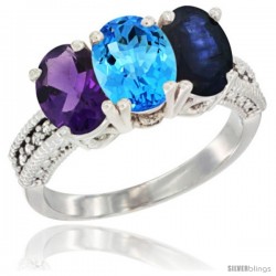 10K White Gold Natural Amethyst, Swiss Blue Topaz & Blue Sapphire Ring 3-Stone Oval 7x5 mm Diamond Accent