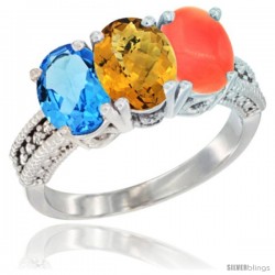 14K White Gold Natural Swiss Blue Topaz, Whisky Quartz & Coral Ring 3-Stone 7x5 mm Oval Diamond Accent