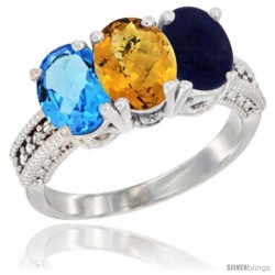 14K White Gold Natural Swiss Blue Topaz, Whisky Quartz & Lapis Ring 3-Stone 7x5 mm Oval Diamond Accent