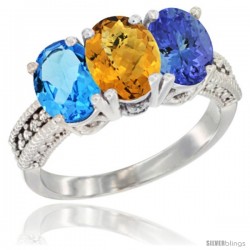 14K White Gold Natural Swiss Blue Topaz, Whisky Quartz & Tanzanite Ring 3-Stone 7x5 mm Oval Diamond Accent