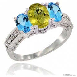14k White Gold Ladies Oval Natural Lemon Quartz 3-Stone Ring with Swiss Blue Topaz Sides Diamond Accent