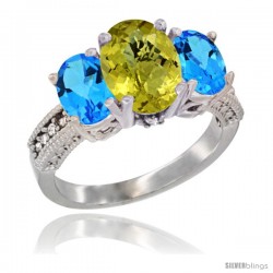 14K White Gold Ladies 3-Stone Oval Natural Lemon Quartz Ring with Swiss Blue Topaz Sides Diamond Accent