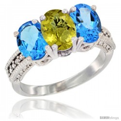 14K White Gold Natural Lemon Quartz & Swiss Blue Topaz Sides Ring 3-Stone 7x5 mm Oval Diamond Accent