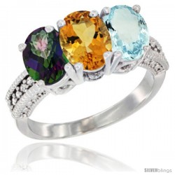 10K White Gold Natural Mystic Topaz, Citrine & Aquamarine Ring 3-Stone Oval 7x5 mm Diamond Accent