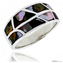 Sterling Silver Flat Band, w/Brown & White Mother of Pearl Inlay, 1/2" (12 mm) wide