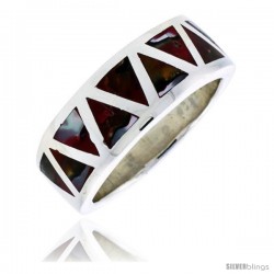 Sterling Silver Triangular Pattern Flat Band, w/Colorful Mother of Pearl Inlay, 3/8" (10 mm) wide