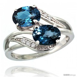 14k White Gold ( 8x6 mm ) Double Stone Engagement London Blue Topaz Ring w/ 0.07 Carat Brilliant Cut Diamonds & 2.34 Carats