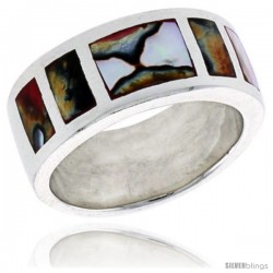 Sterling Silver Square Pattern Flat Band, w/Colorful Mother of Pearl Inlay, 3/8" (10 mm) wide