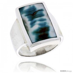 Sterling Silver Rectangular Shell Ring, w/Blue-Green Mother of Pearl Inlay, 7/8" (22 mm) wide