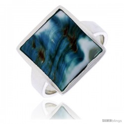 Sterling Silver Square Shape Shell Ring, w/Blue-Green Mother of Pearl Inlay, 11/16" (17 mm) wide