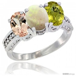 14K White Gold Natural Morganite, Opal & Lemon Quartz Ring 3-Stone Oval 7x5 mm Diamond Accent