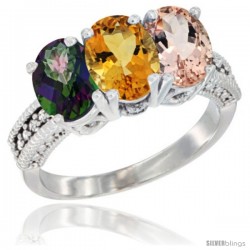 10K White Gold Natural Mystic Topaz, Citrine & Morganite Ring 3-Stone Oval 7x5 mm Diamond Accent