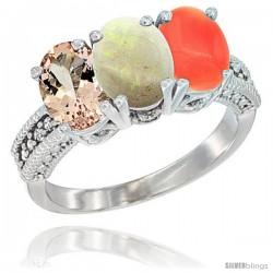 14K White Gold Natural Morganite, Opal & Coral Ring 3-Stone Oval 7x5 mm Diamond Accent